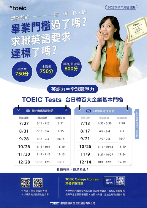 TOEIC 2025下半年度測驗場次